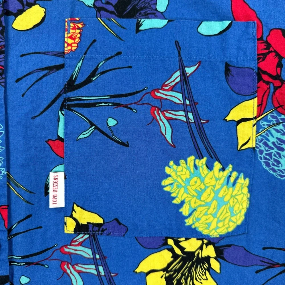 Topo Designs Shirt Men Large Blue Floral Short Sleeve Loop Collar Outdoor Casual - Picture 4 of 10
